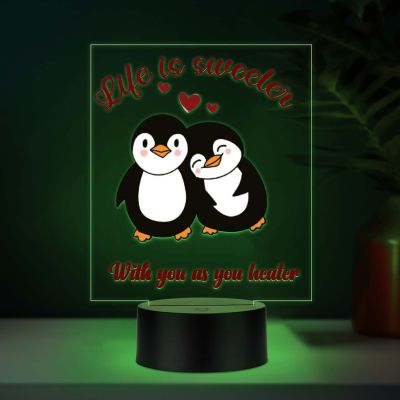 Cute Romantic Couple Penguins Design Acrylic UV Printed LED Night Lamp with Automatic Color Changing Light Gift for Couples